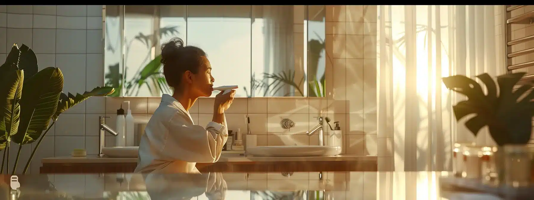 a person using an electric toothbrush to diligently clean their dental implant, surrounded by a pristine bathroom with natural light streaming in.