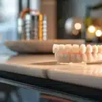 gleaming white dentures displayed on a sleek, modern countertop.