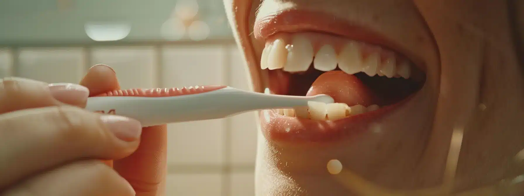 a person gently brushing and cleaning a pair of dentures with a sparkling smile in a bright, pristine bathroom setting.