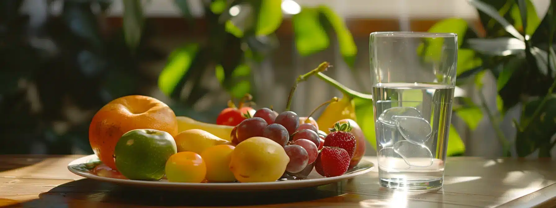 a healthy, colorful plate of fruits and vegetables next to a glass of water, promoting proper diet and hydration for dental implant longevity.