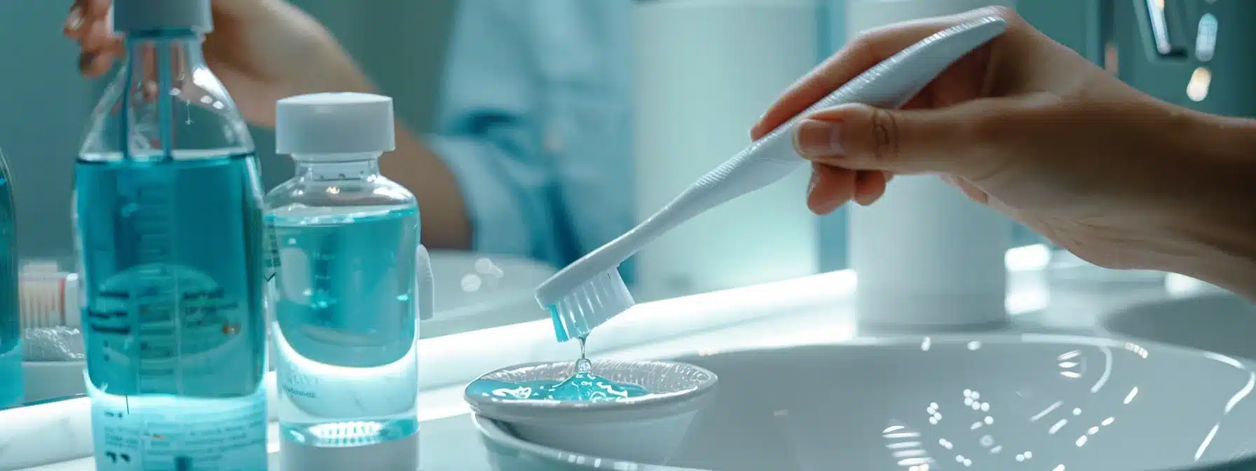 a close-up shot of a person using a gentle, non-abrasive toothbrush to clean a dental implant, with antimicrobial mouth rinse and protective accessories nearby.