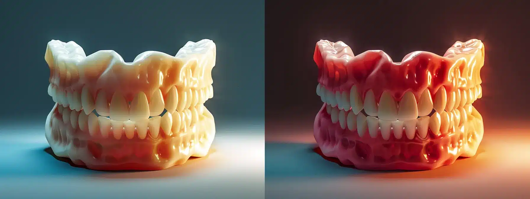 a bright, gleaming smile showcasing both dentures and implants side by side, highlighting the contrast between artificial and permanent tooth replacements.