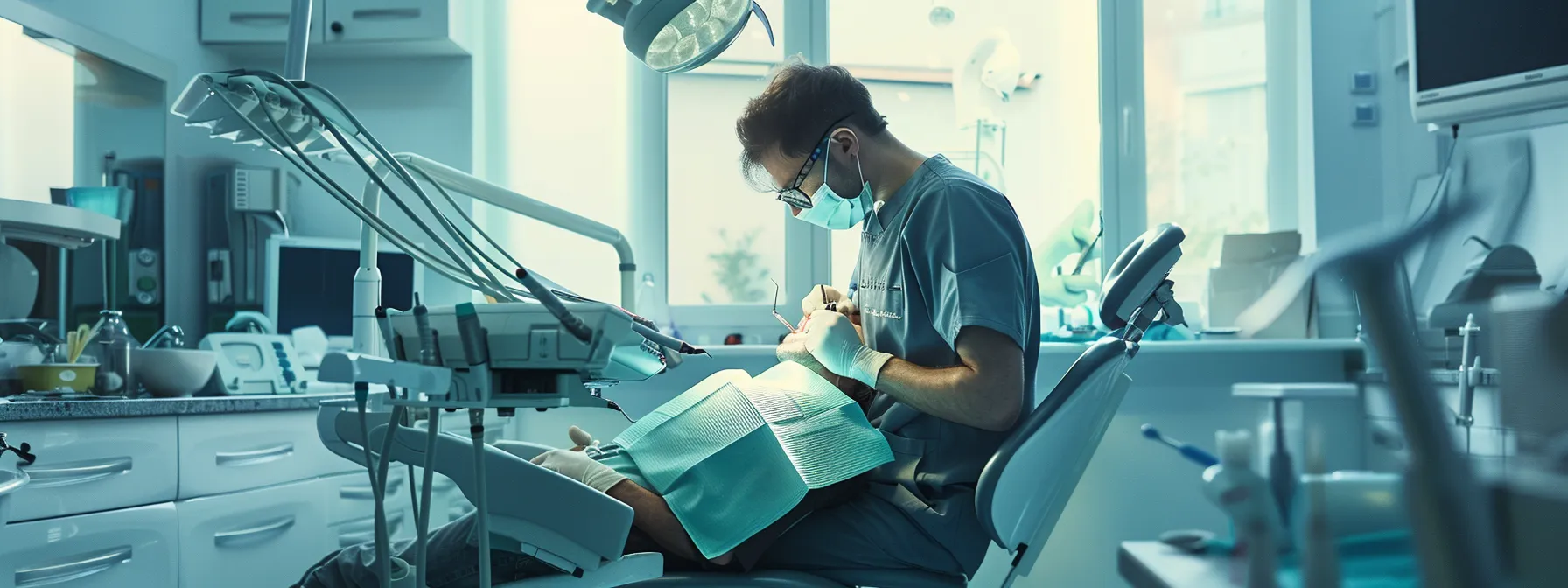 a dentist carefully performing a surgical tooth extraction, surrounded by tools and equipment in a well-lit operating room.