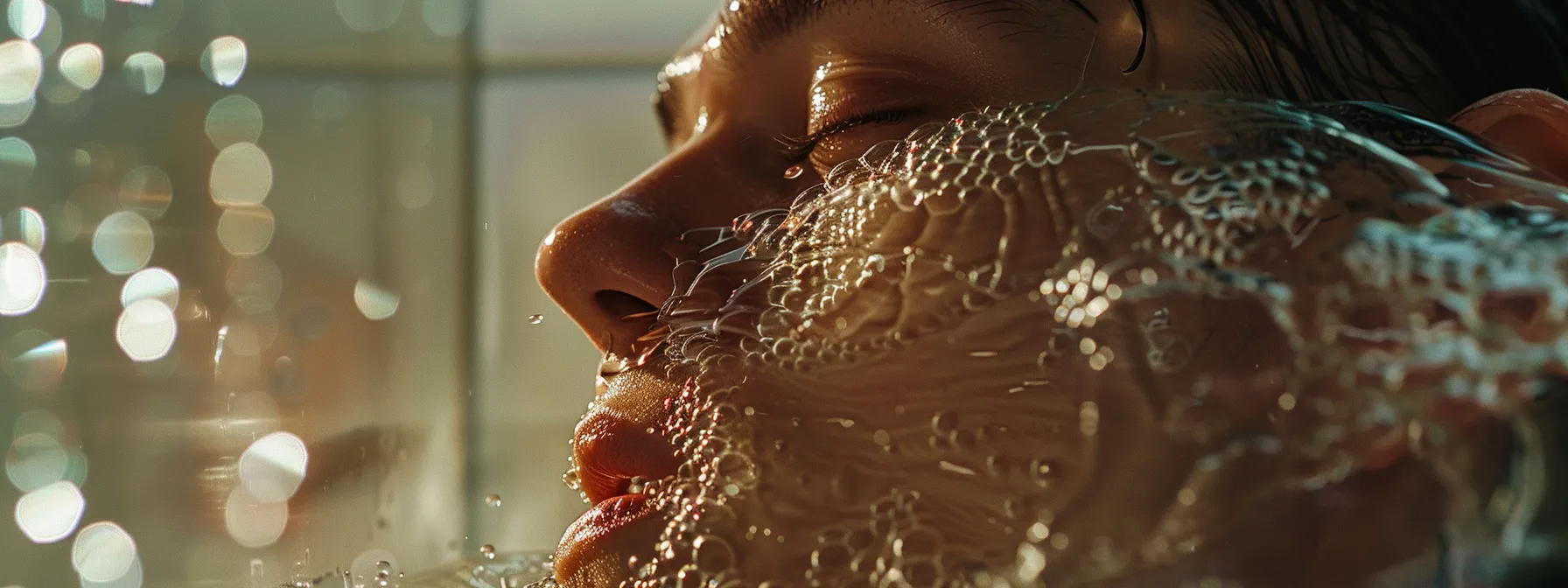 a person gently rinsing their mouth with salt water, with a soft expression, after a tooth extraction, surrounded by gentle light.