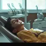 a person reclining comfortably in a dentist's chair while having a tooth extracted in a modern, well-equipped dental office setting.