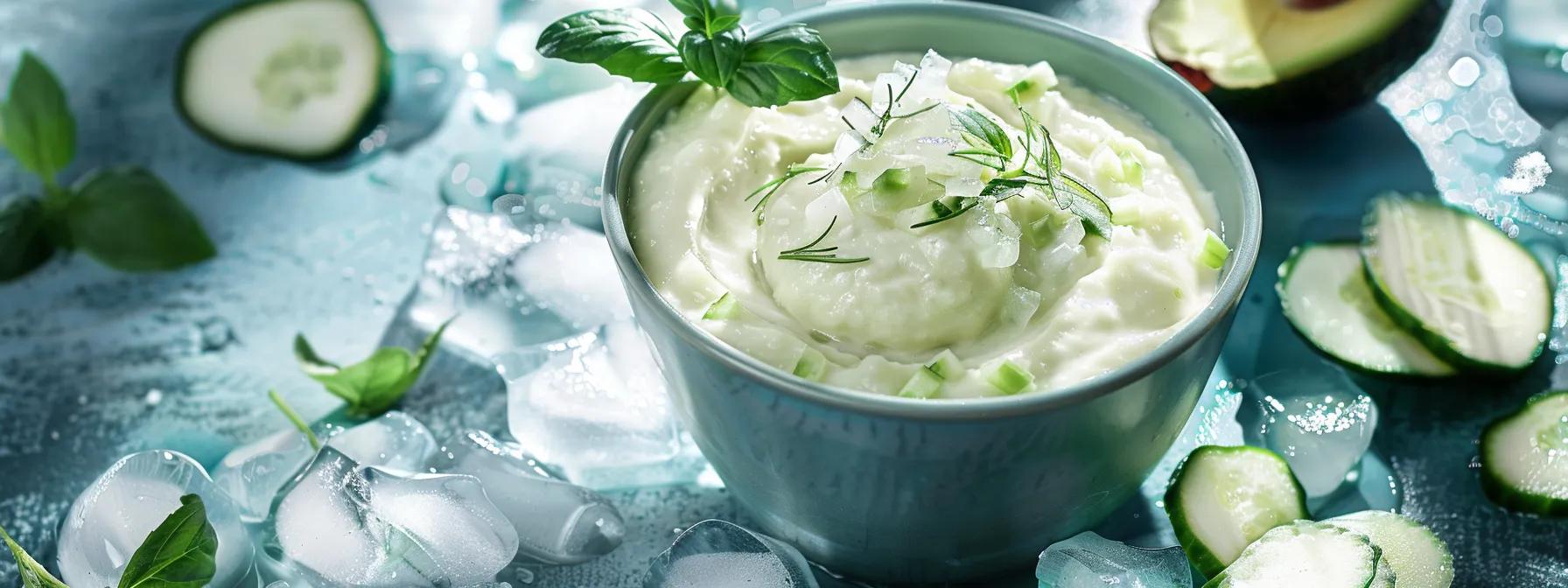 a bowl filled with creamy yogurt, mashed avocado, and chilled broth surrounded by ice packs for reducing swelling post tooth extraction.