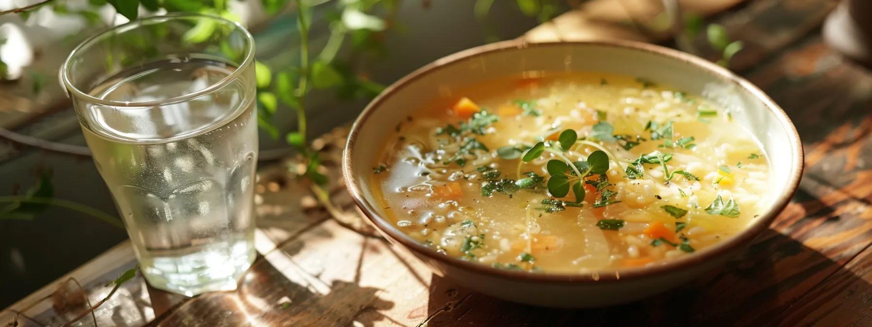 a bowl of soft, nutrient-rich soup with a glass of water on a wooden table after tooth extraction recovery.