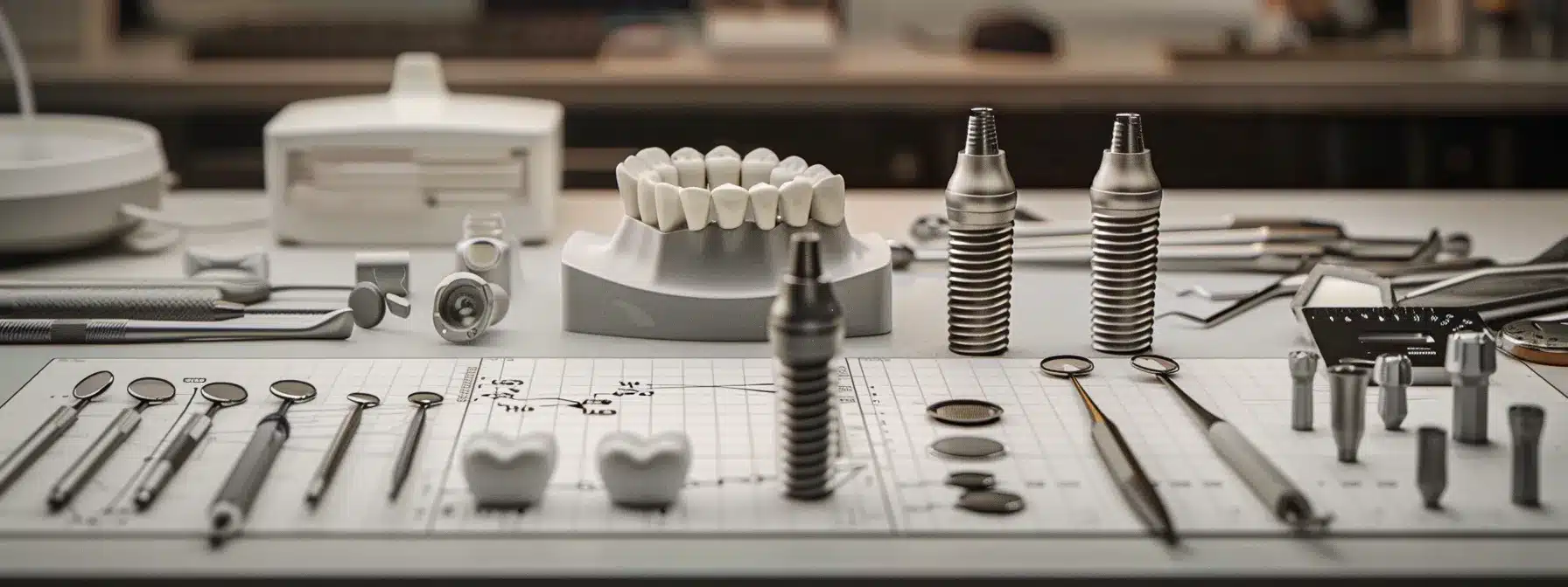 a close-up photo of dental implant components, surrounded by dental tools and cost breakdown charts, illustrating the complexity and financial considerations of the procedure.