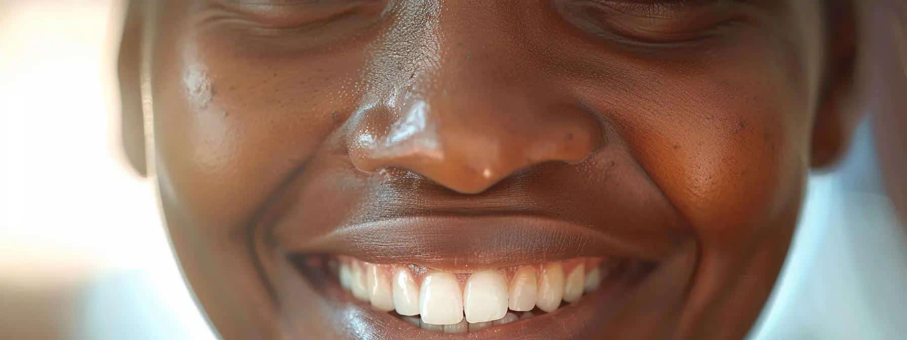 a close-up photo of a dental patient relieved to have insurance coverage for their tooth extraction, showing gratitude and relief in their eyes.