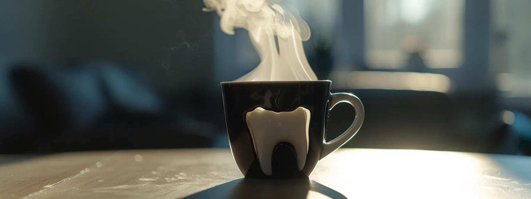 a close-up of a darkened tooth surrounded by swollen gums, with steam rising from a hot cup on a table nearby, symbolizing sensitivity to heat and cold.