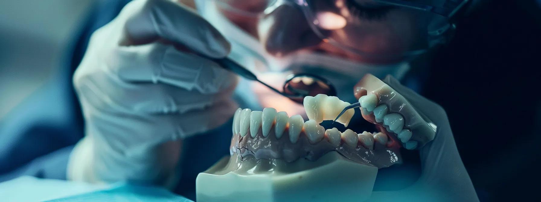 a close-up shot of a customized dental implant being carefully placed in a patient's jaw, showcasing precision and innovation in facial restoration.