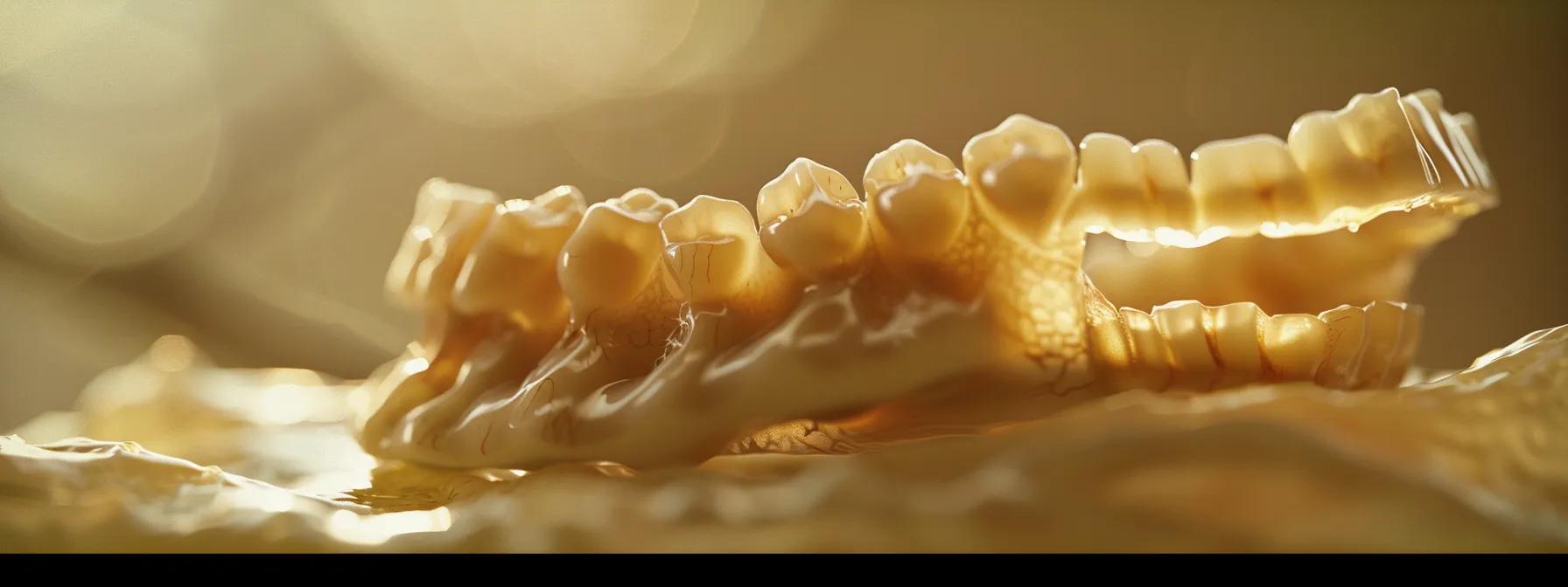 a close-up of a pair of lightweight snap-in dentures, showing a seamless fit with a natural feel, highlighted against a blurred background.