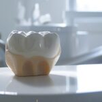 a close-up of a dental implant model on a pristine white table during a consultation.