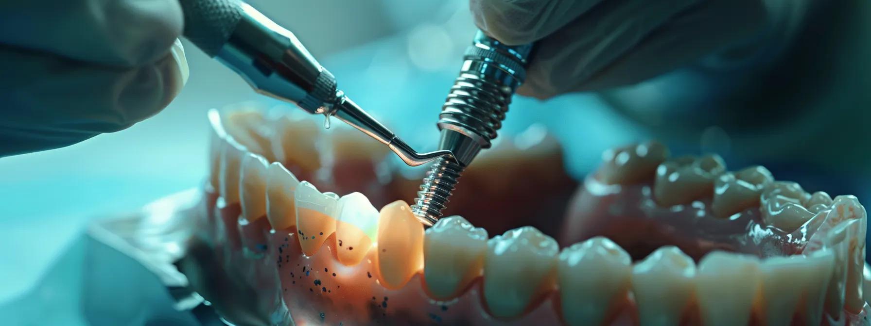 a close-up photo of titanium dental implants being surgically placed into the jawbone, showcasing the precision and skill of the surgeon.