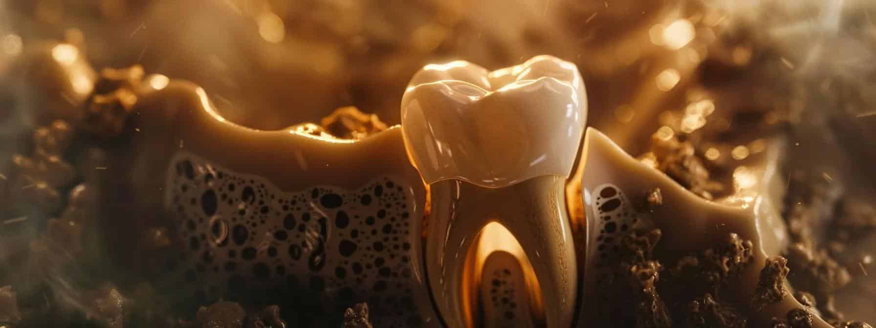 a close-up shot of a tooth with a darkened root canal, surrounded by inflamed gums and damaged dental fillings in crowley tx.