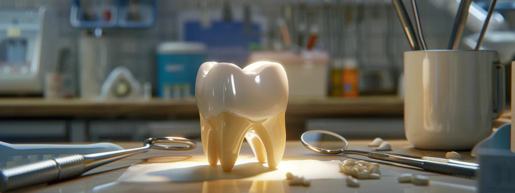 a close-up photo of a shiny, healthy tooth surrounded by dental tools and educational resources, symbolizing preventative measures to reduce the risk of root canal pain.