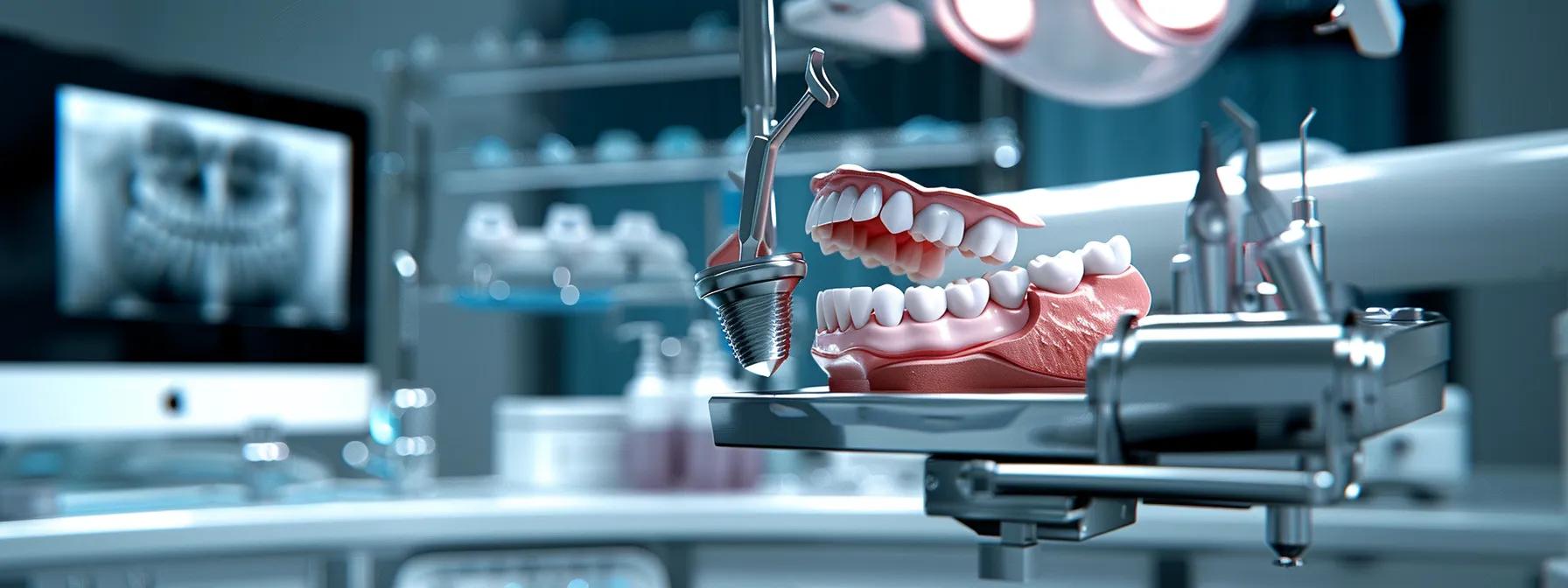 a close-up shot of a dentist carefully extracting a dental implant using metal tools, with the patient's numb lip and cheek visible, surrounded by dental equipment and mouthwash bottles for healing support.