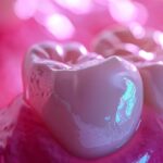 a close-up photo of a fresh, pink gum tissue slowly covering the empty socket left from a tooth extraction.