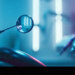 a close-up of a glistening dental tool poised over a pristine, sterile dental chair, illuminated by soft, overhead lights in a tranquil clinic setting.