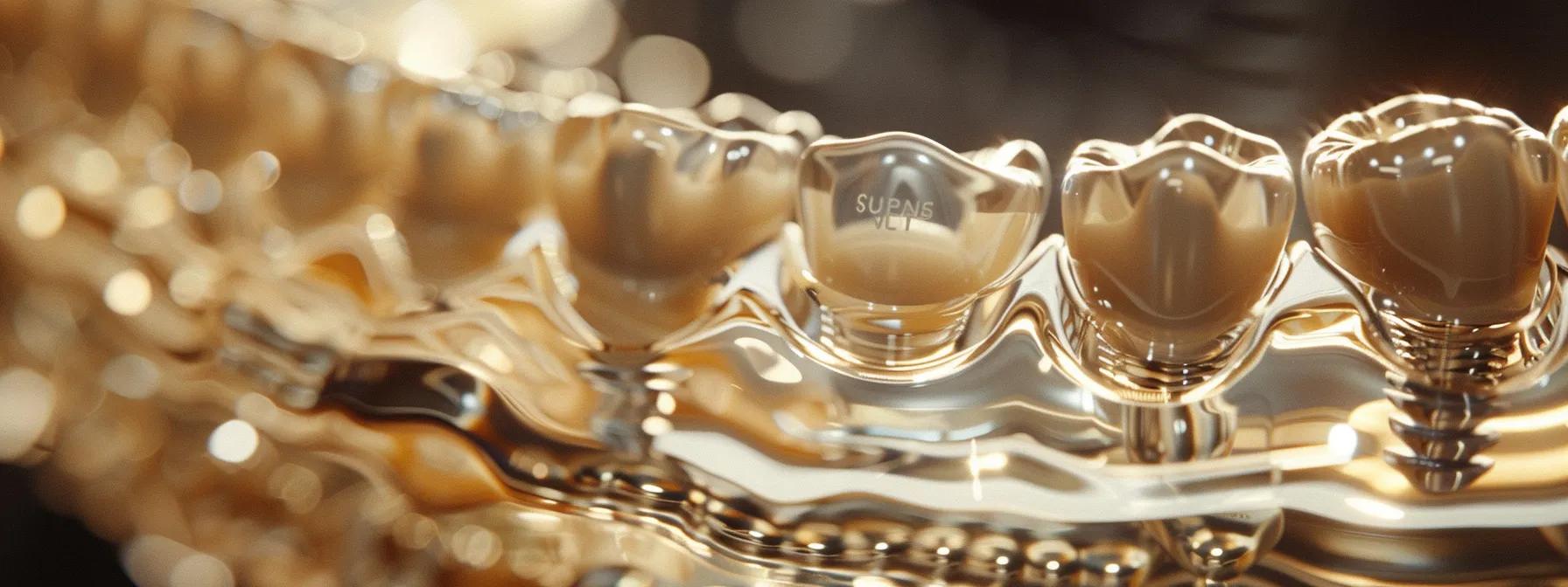 a close-up photo of shiny dental implants displayed next to a traditional denture, showcasing the comparison in quality and durability.