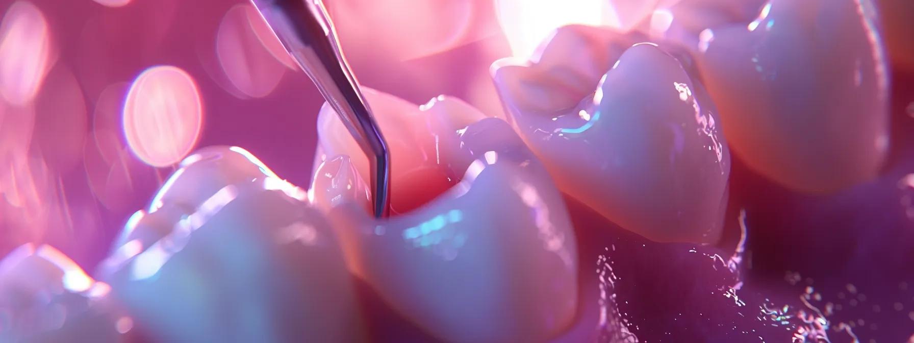 a close-up shot of a healing tooth extraction site showing healthy soft tissue and no signs of complications, with a dental tool in the background.