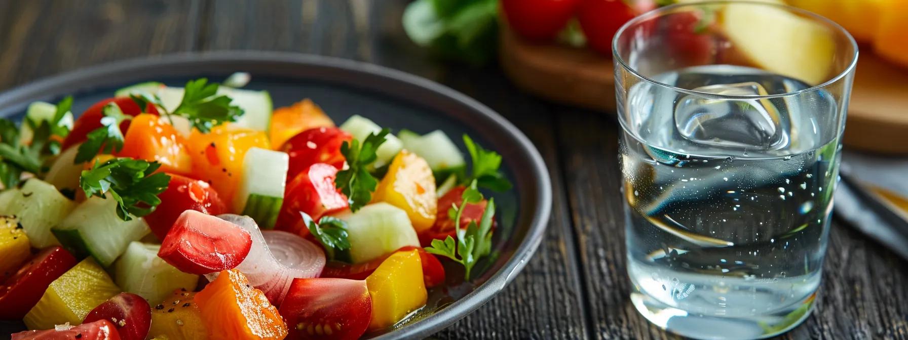 a close-up shot of a plate filled with colorful, nutrient-rich foods like fruits and vegetables, alongside a glass of water, highlighting the importance of proper post-extraction nutrition.