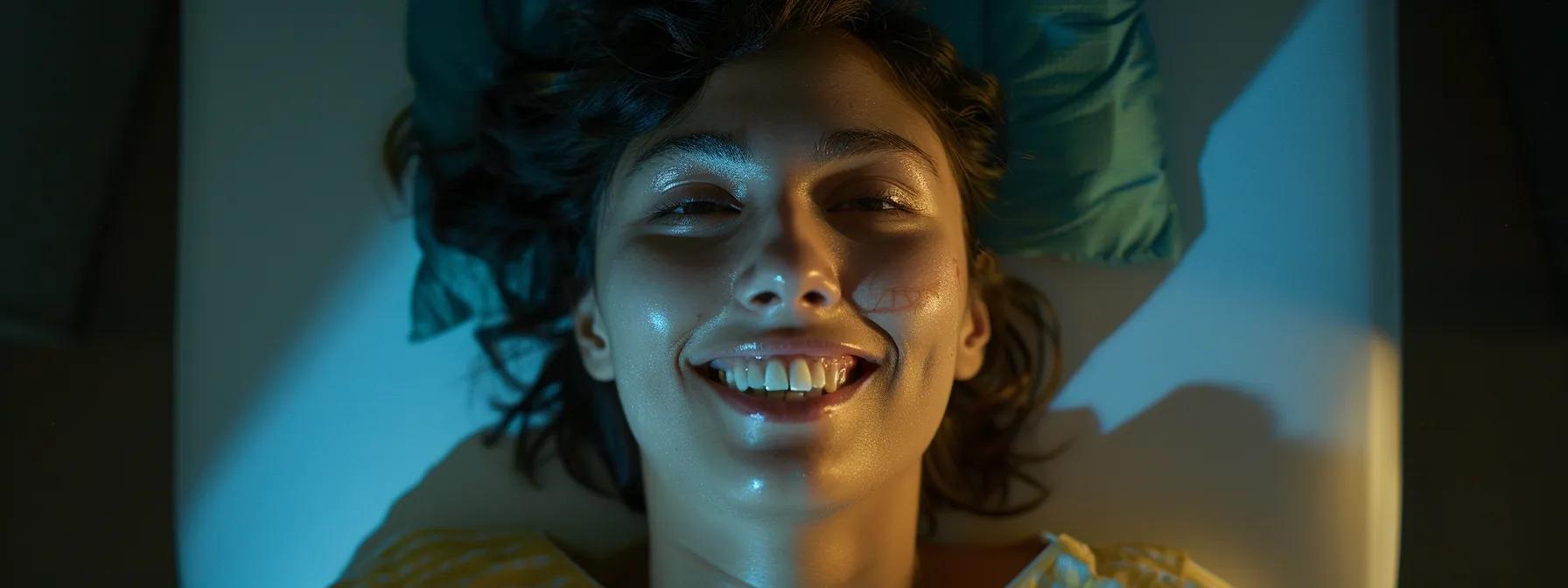 a close-up photo of a person confidently smiling after a successful tooth extraction procedure, displaying improved oral hygiene and restored confidence.