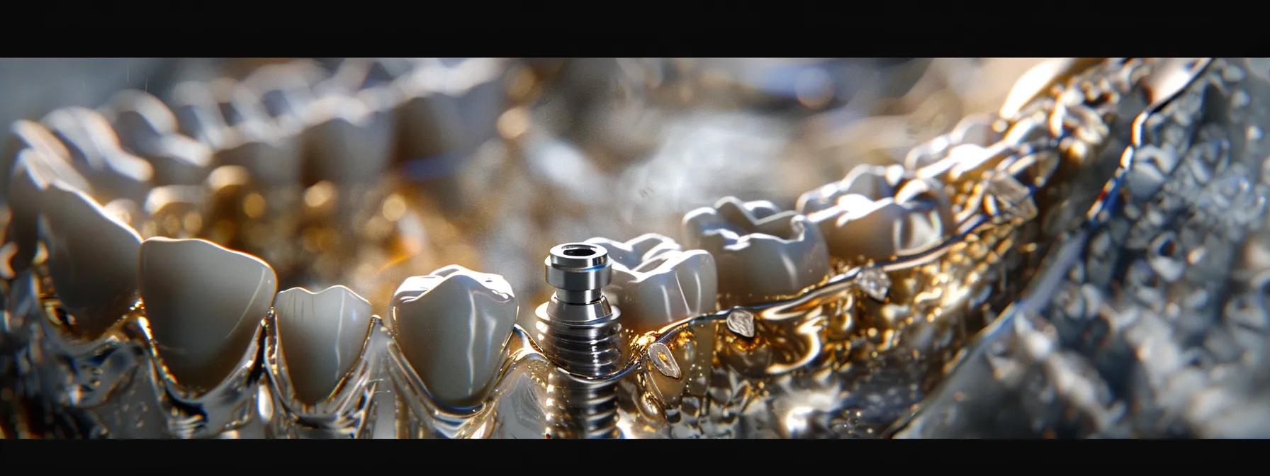 a close-up of a dental implant with titanium components, surrounded by a variety of payment plan options and cost-related questions.