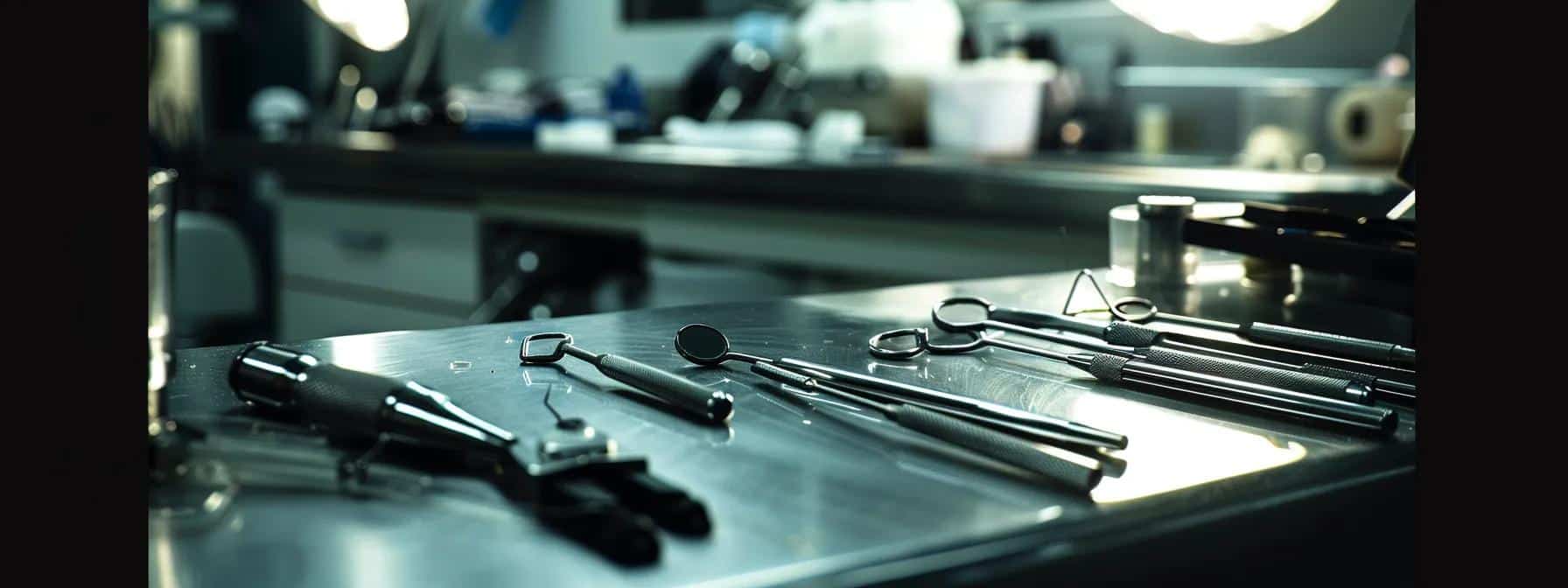 a close-up shot of dental tools and equipment on a sterile table in a bright, modern dental office.