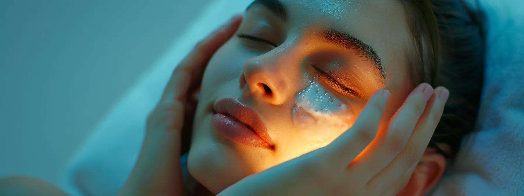 a close-up shot of a patient applying a cold compress to their face after a root canal, with a serene expression conveying relief and comfort.