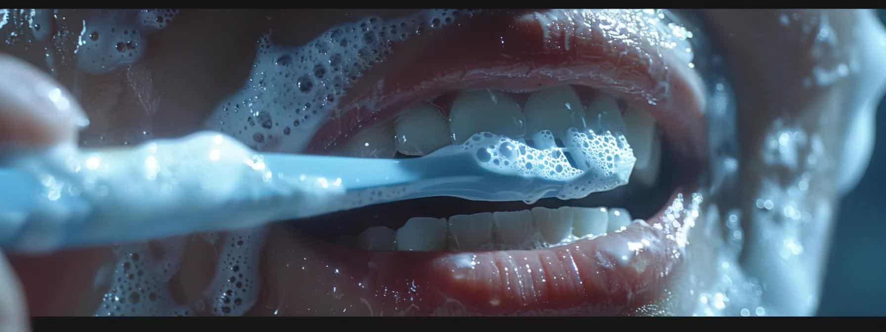 a close-up photo of a person brushing their teeth diligently to maintain proper oral hygiene after tooth extraction, with a focus on the toothbrush bristles and toothpaste foam.