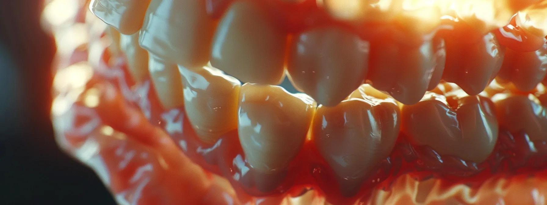 a close-up of a fixed snap-in denture securely attached to dental implants, showcasing its stability and natural feel.