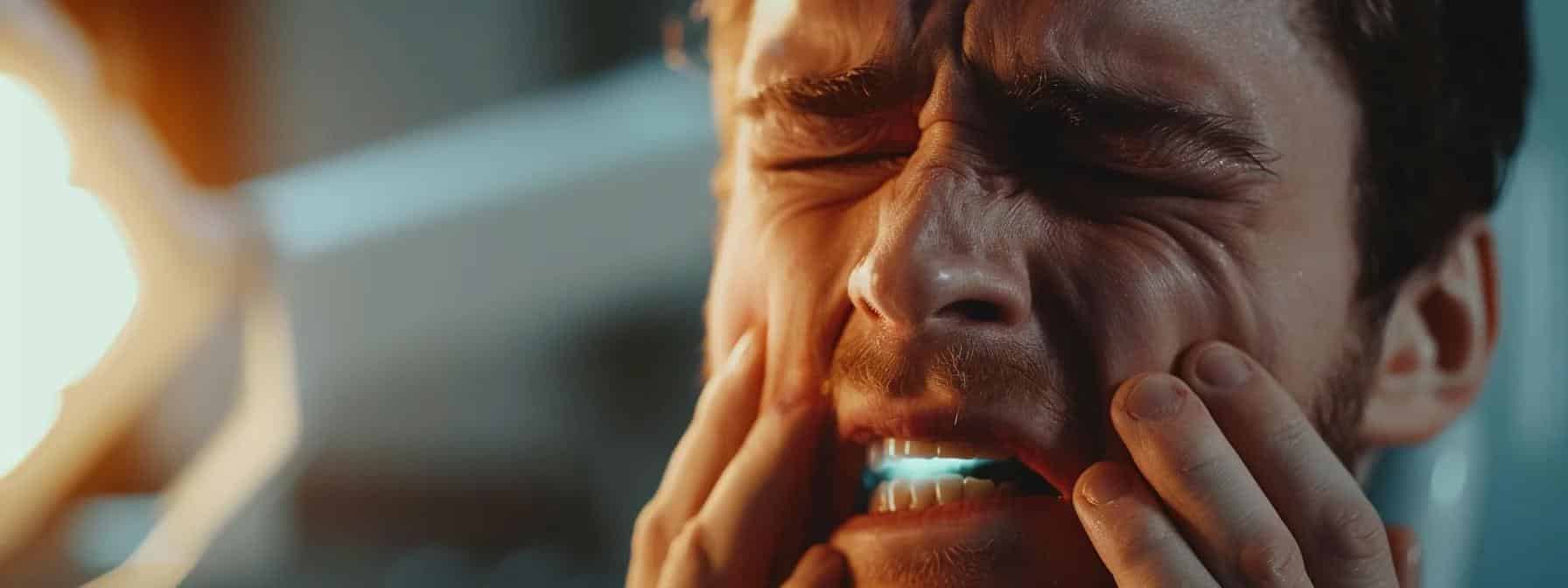 a close-up of a person wincing in pain while holding their jaw, with a look of discomfort, in a dentist's office.