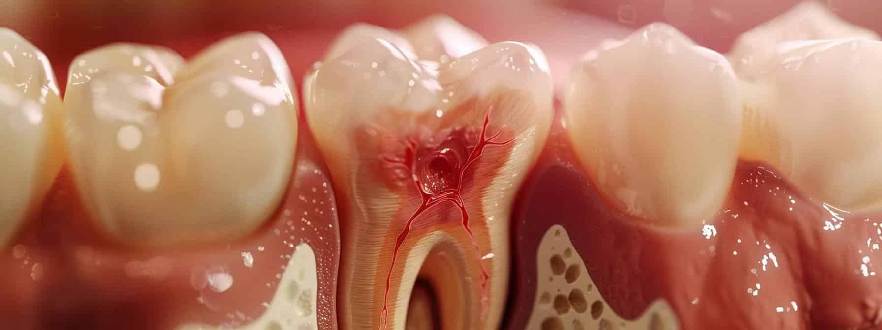 a close-up photo of a swollen and discolored tooth, surrounded by red and irritated gum tissue, indicating potential root canal failure in crowley tx.