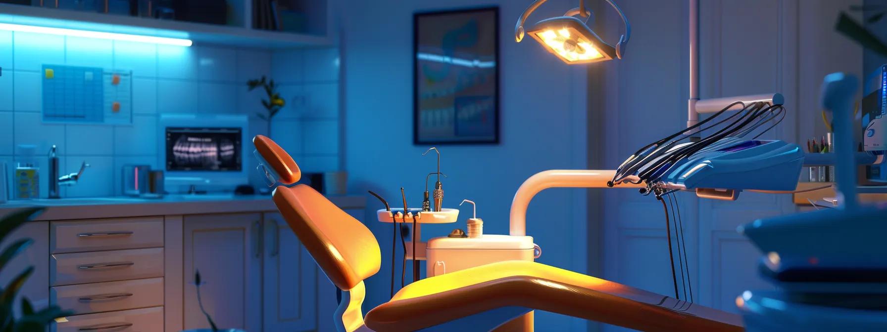 a dental chair with a bright overhead light shining on a tray of surgical tools, showcasing the setup for a tooth extraction procedure.