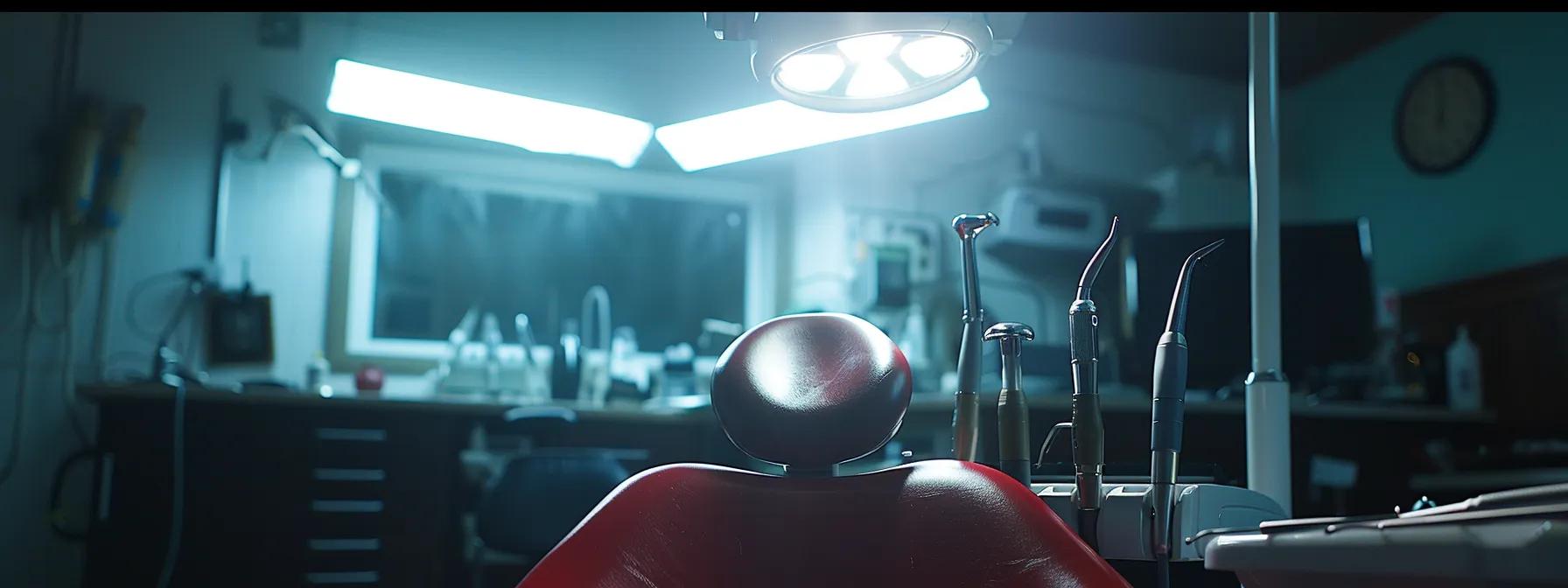 a dental chair with a bright overhead light shining on a set of dental tools, highlighting the tools used in a root canal treatment in crowley, tx.