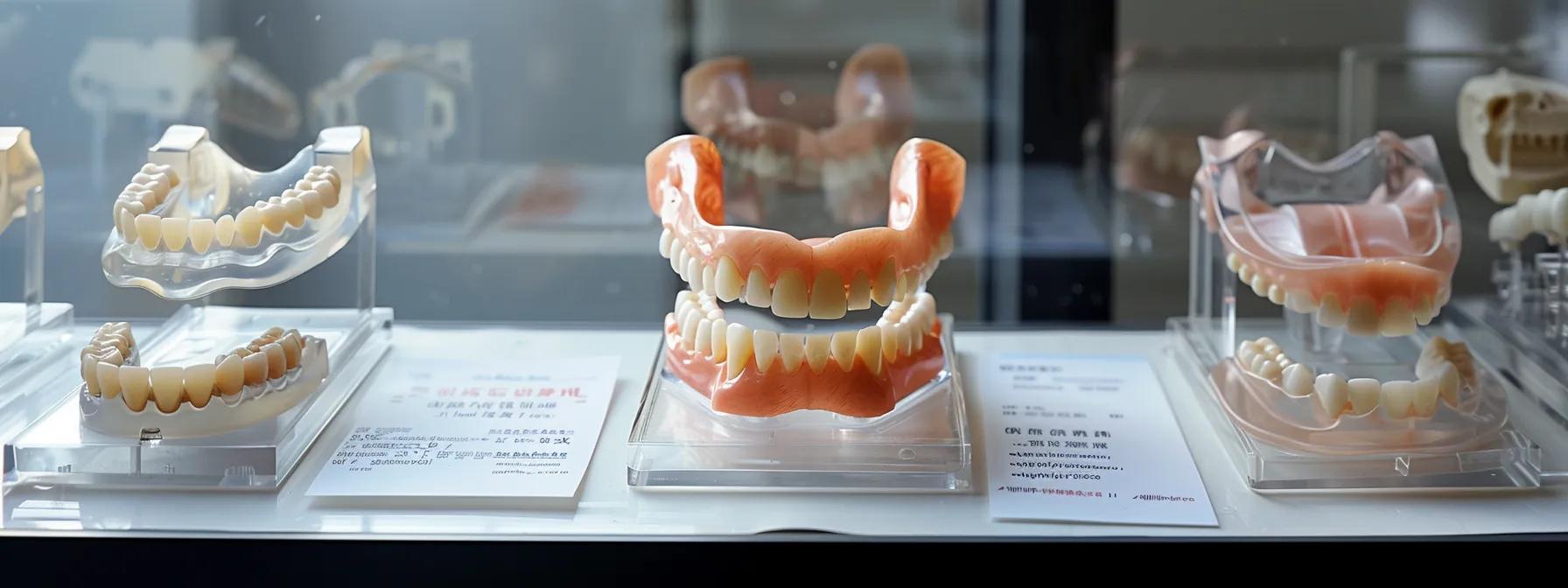 a dental clinic setting with a detailed cost breakdown poster featuring snap-in dentures, implant tools, bone graft materials, and cosmetic dentistry equipment.