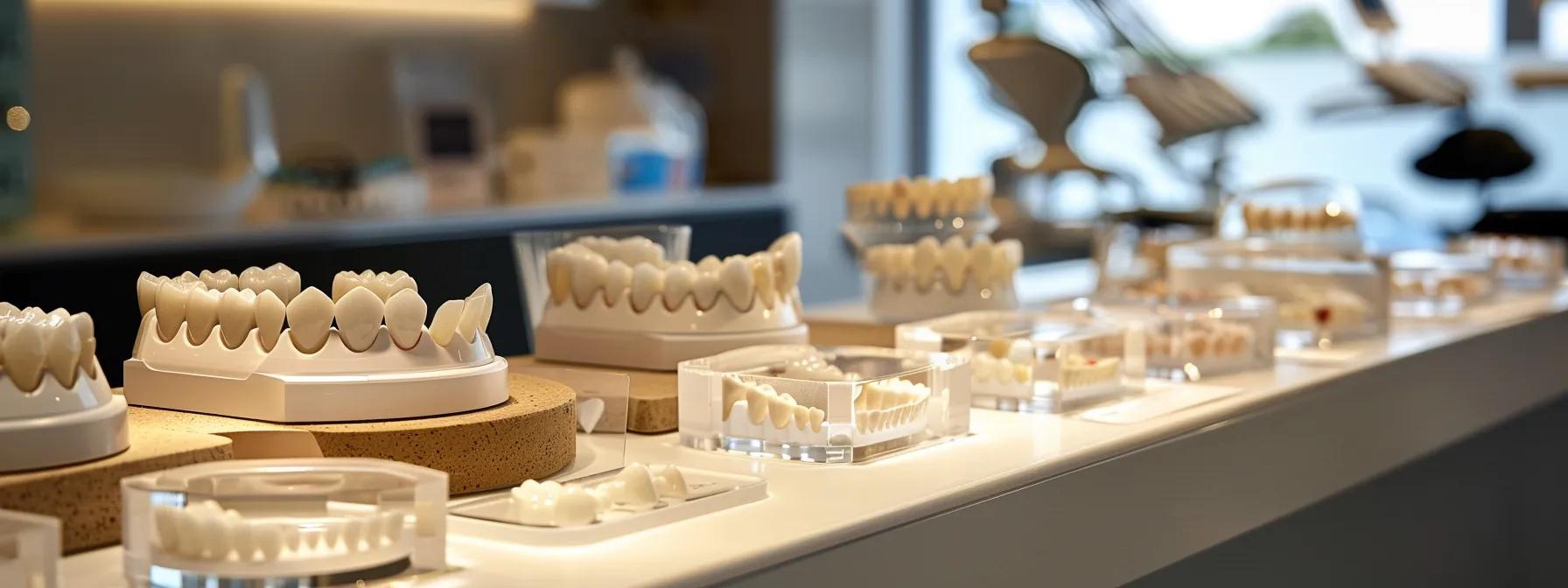 a dental clinic showcasing various tooth replacement options, including dentures, bridges, and crowns, displayed on a counter for patients to choose from.