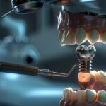 a dental implant being carefully extracted with precision tools in a sterile operating room.