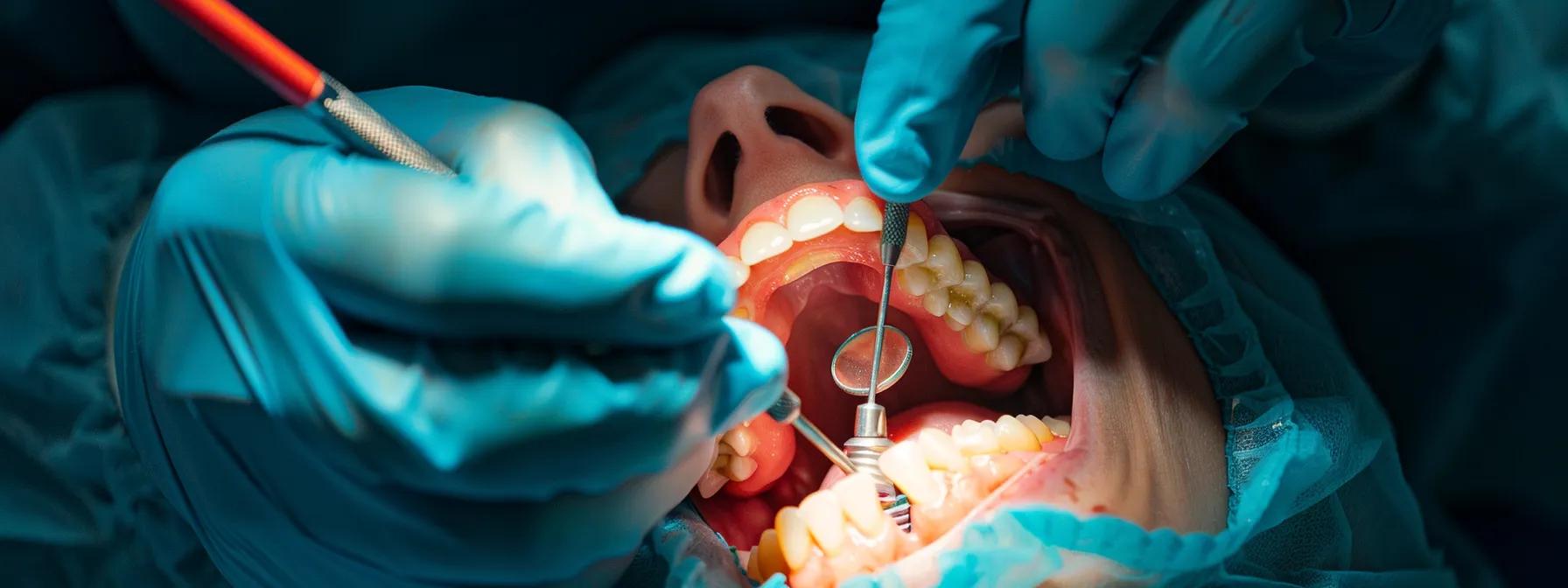 a dental implant being surgically placed into a patient's jaw, with a detailed step-by-step guide visible in the background.