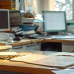 a dental office desk cluttered with bills, invoices, and forms, emphasizing the high costs associated with full mouth restoration.