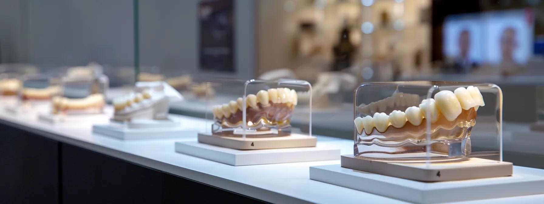 a dental office display showcasing a range of tooth replacement options like dentures, bridges, mini dental implants, and all-on-4 implants in tyler, texas.