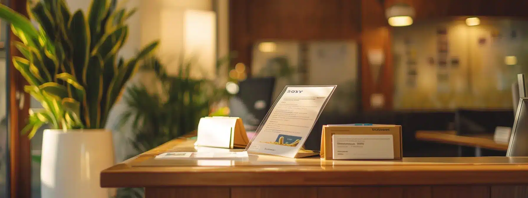 a dental office reception desk with brochures on financing options for implants and crowns displayed prominently.