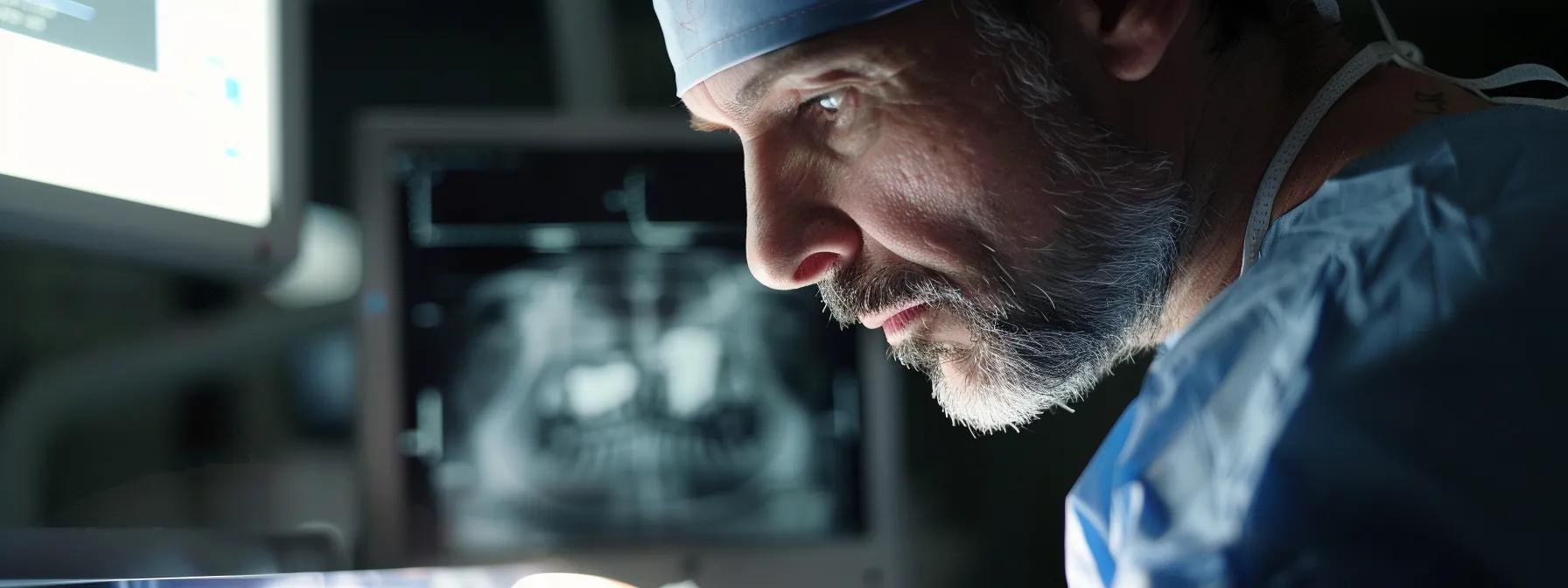 a dental surgeon carefully examining an x-ray showing the progression of bone healing after a tooth extraction.