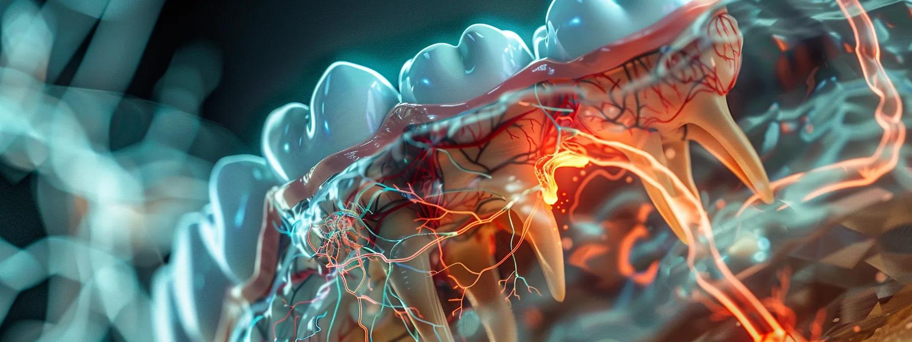 a dentist carefully performing a root canal on a molar, with a focus on the intricate nerve pathways in the mouth, emphasizing the potential link to trigeminal neuralgia.