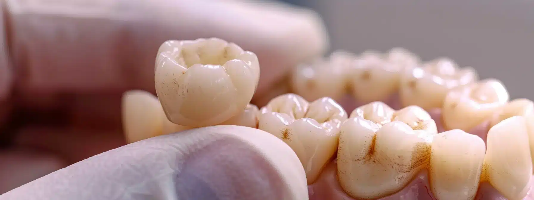 a dentist carefully placing a custom crown on a patient's tooth with precision and expertise in a modern dental office setting.