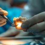 a dentist carefully pulling a tooth out with a pair of silver forceps.