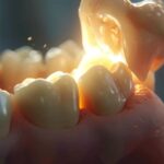 a dentist carefully removing a large, impacted wisdom tooth from a patient's mouth.