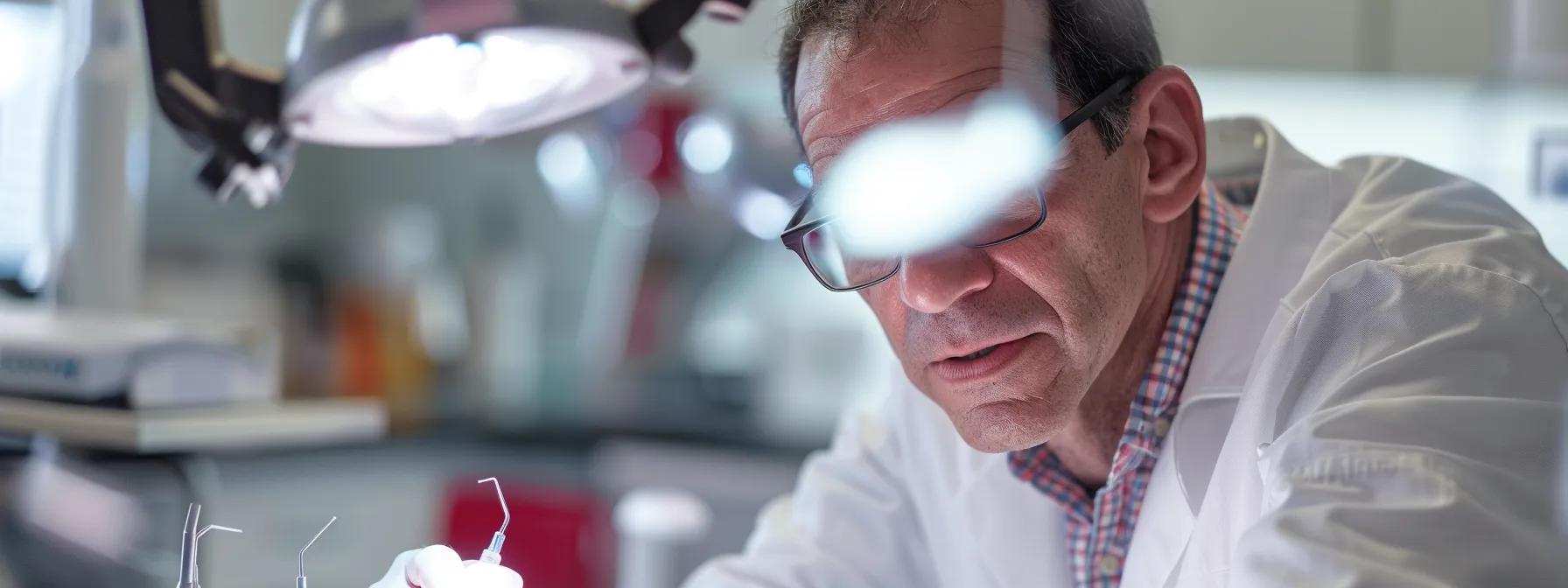 a dentist examining a patient's mouth for signs of infection and inflammation, with dental tools and equipment visible in the background.