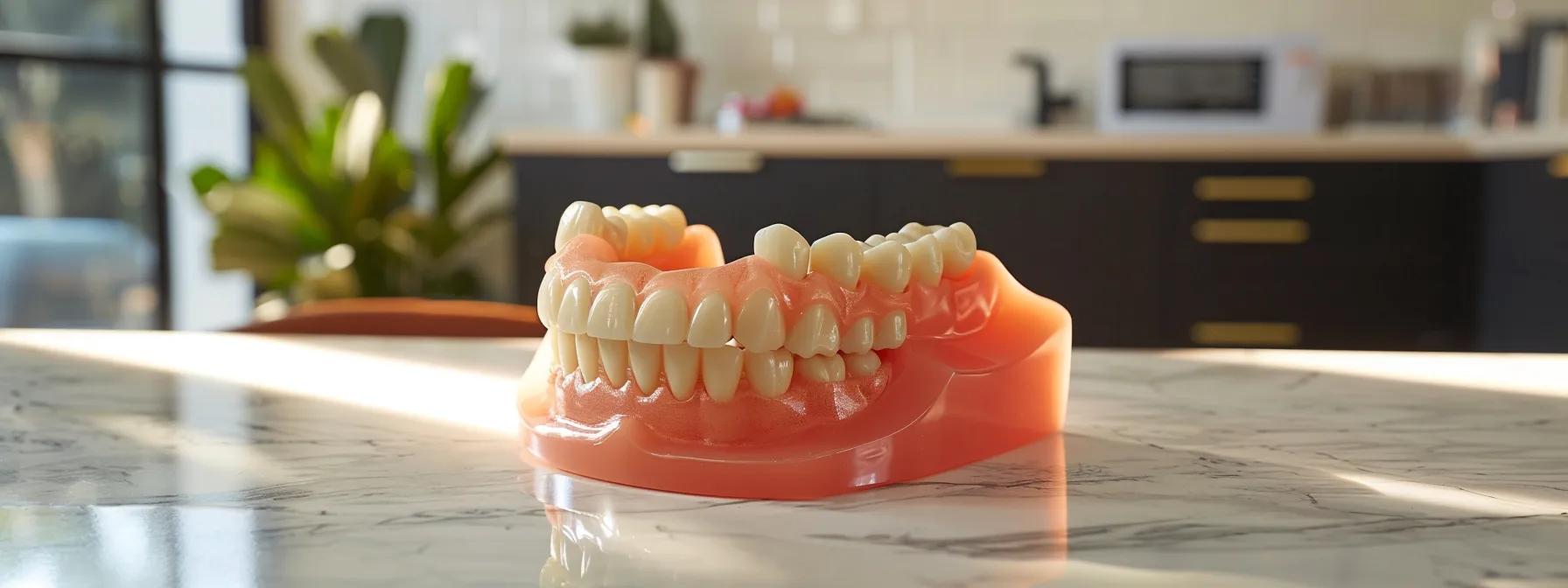 a dentist explaining financing options for snap-in dentures and demonstrating proper oral hygiene practices with dental floss.